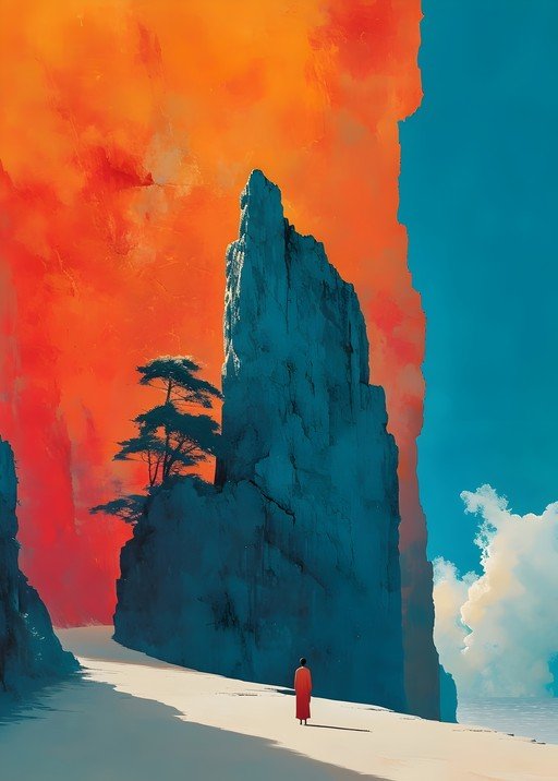 Lone figure in surreal landscape with fiery sky