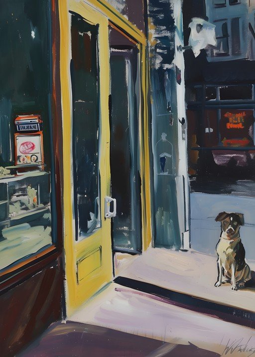 Dog Waits Patiently Outside Yellow Doorway