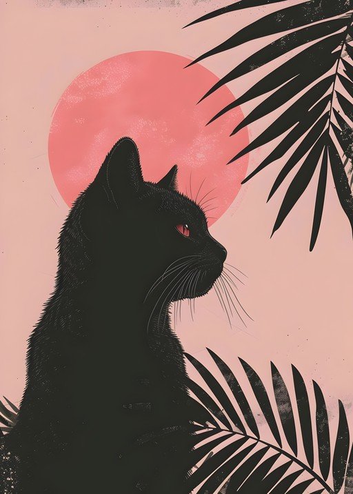 Black Cat Silhouette with Pink Sun and Palm Leaves