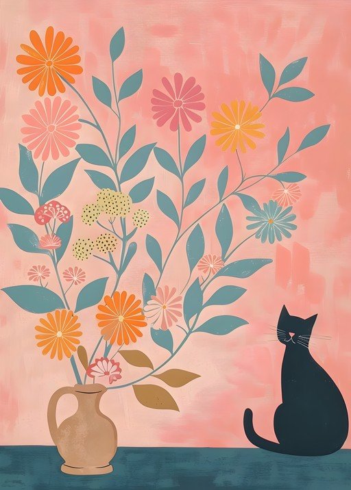 Whimsical Cat and Floral Arrangement