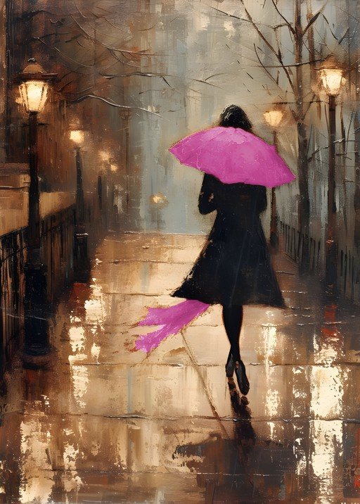 Woman with Pink Umbrella Walking in Rainy City