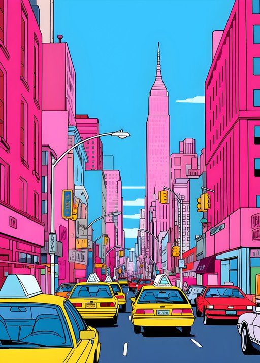 Vibrant Pink and Yellow New York City Street Scene