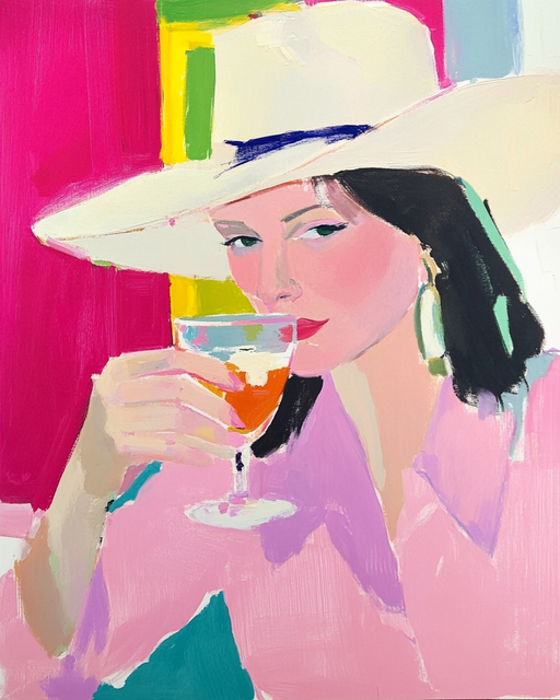 Woman in Hat Enjoys a Drink