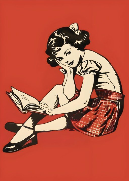 Girl Reading Book in Retro Style