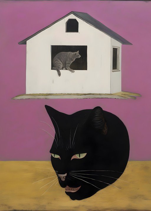 Surreal Cat Portrait with House and Another Cat