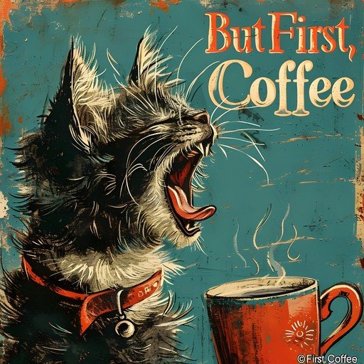 Yawning Cat and Coffee Mug Vintage Art