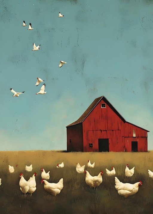 Farm Scene with Chickens and Barn