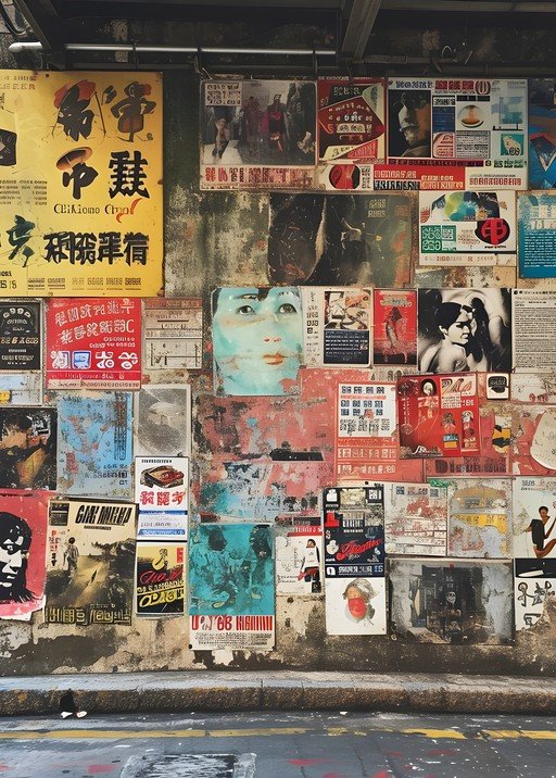 Collage of Vintage Posters on Grungy Urban Wall