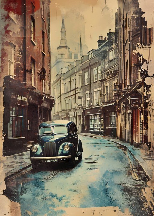 Vintage Car on Wet London Street