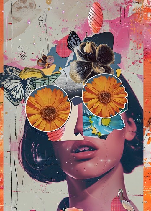 Surreal Collage Portrait with Flowers and Butterflies
