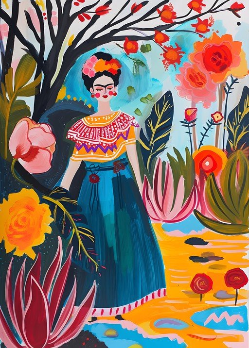 Vibrant Portrait of Frida Kahlo in a Lush Garden