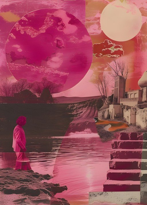 Surreal Pink Landscape Collage with Figure