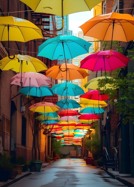 Colorful Umbrellas Adorn Urban Alleyway
