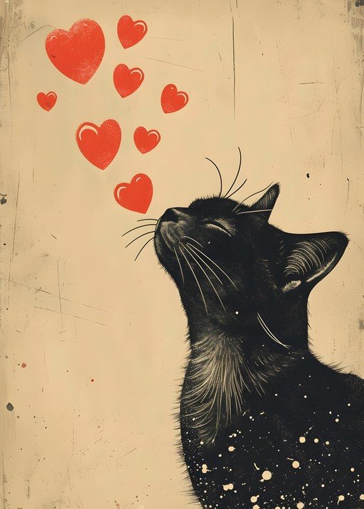 Black Cat with Red Hearts Illustration