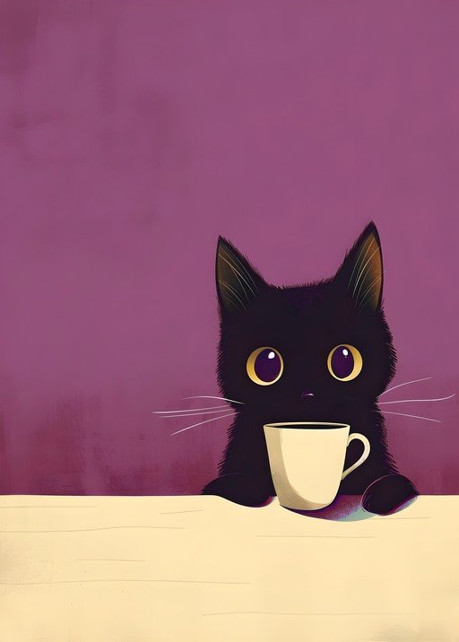 Cute Black Cat with Coffee Cup