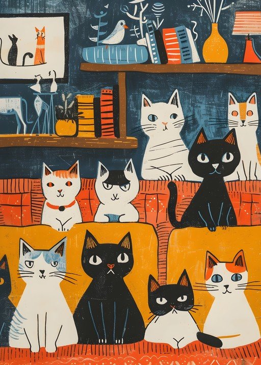 Whimsical Cat Illustration with Cozy Interior