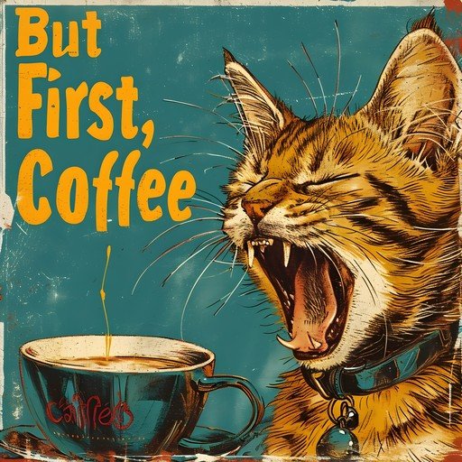 Cat Yawning Next to Coffee Cup