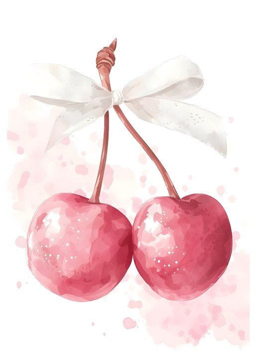 Watercolor Cherries with White Ribbon