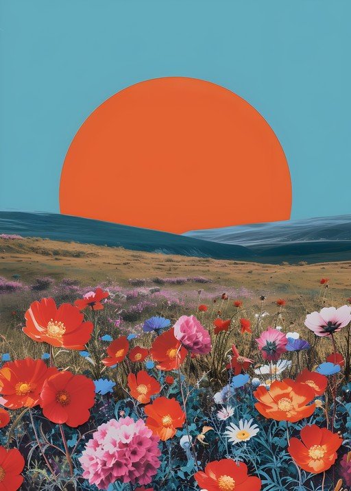 Vibrant Poppy Field Under a Surreal Orange Sun