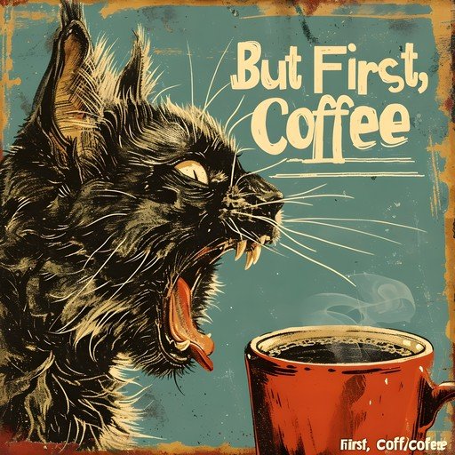 Black Cat Yawning Next to Coffee Mug