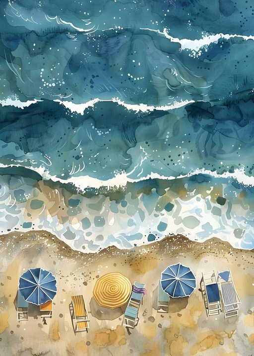 Watercolor Beach Scene with Umbrellas and Chairs