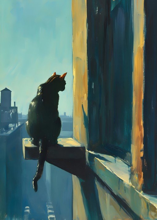Black Cat on Ledge Overlooking Cityscape