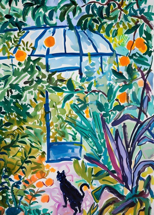 Vibrant Greenhouse Scene with Black Cat and Oranges