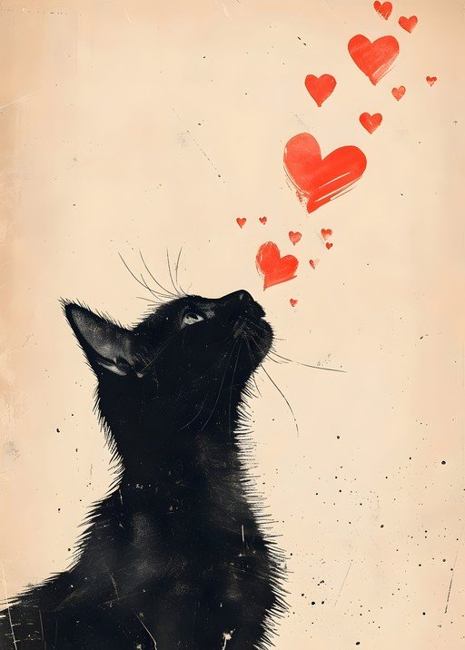 Black Cat with Red Hearts Illustration