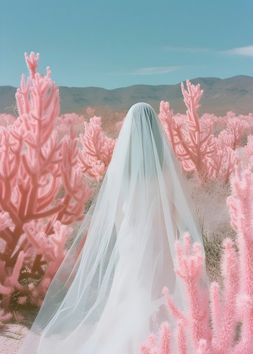 Ethereal Figure in Pink Desert Landscape