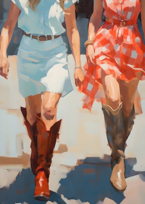 Two Women in Dresses and Cowboy Boots