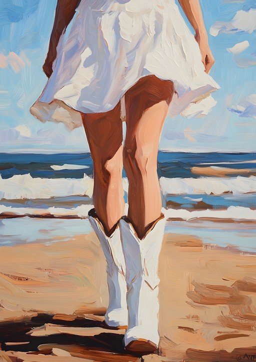 Woman in White Dress and Boots on Beach