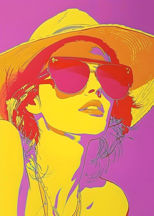 Pop Art Portrait of a Woman in a Sun Hat and Sunglasses