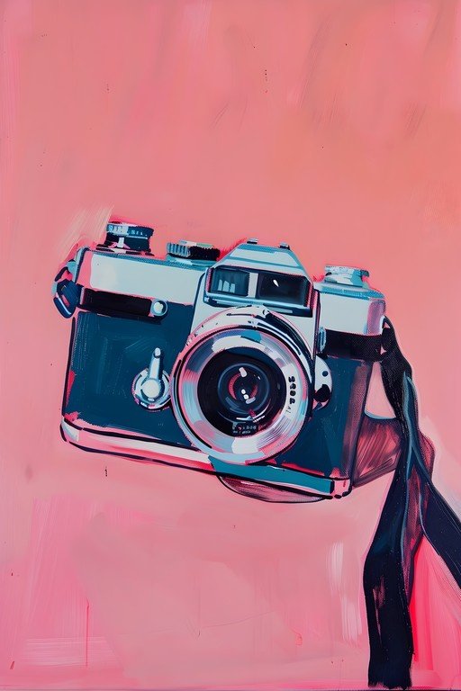Vibrant Retro Camera Painting on Pink Background