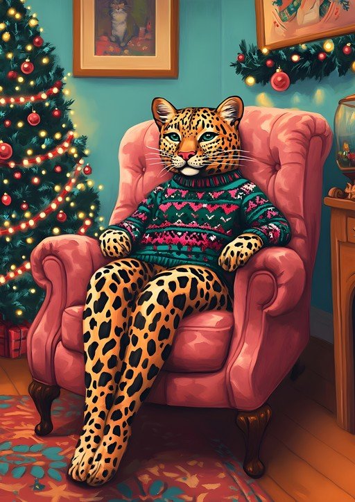 Leopard in Festive Sweater Relaxing by Christmas Tree