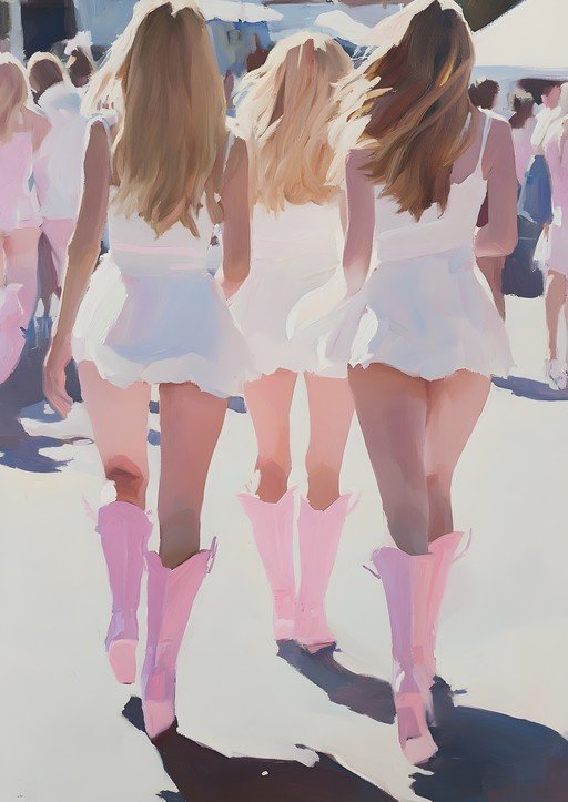 Three Women in White Dresses and Pink Boots