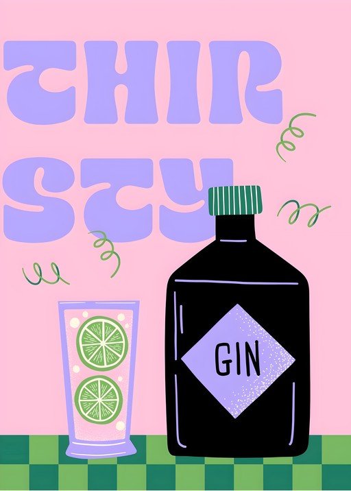 Retro Gin Bottle and Cocktail Illustration