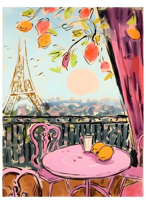 Parisian Balcony View with Eiffel Tower and Fruit