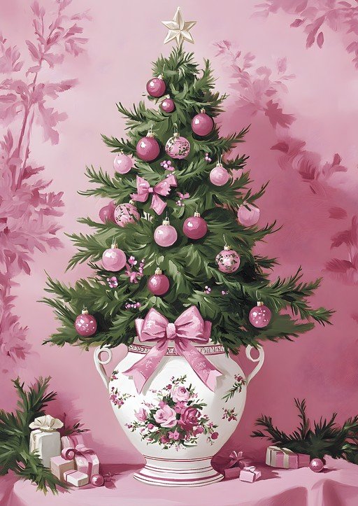 Pink Christmas Tree in Floral Vase with Gifts