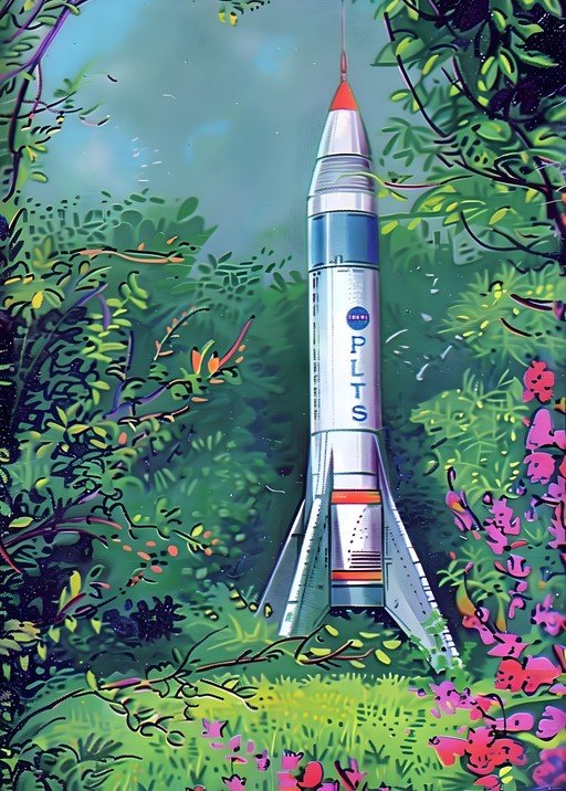 Rocket Ship Emerges from Lush Forest