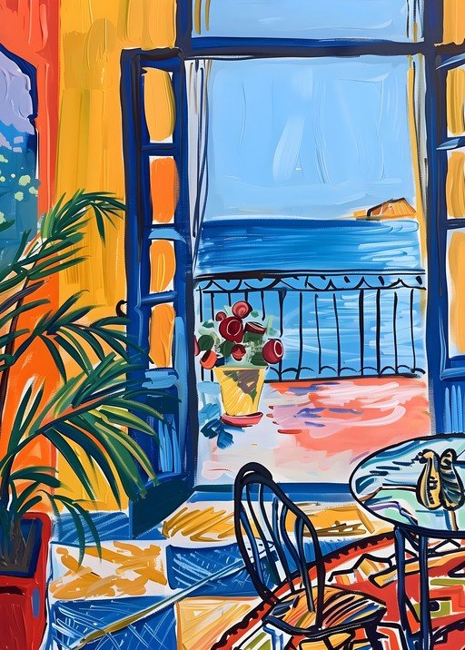 Vibrant Mediterranean Balcony Scene with Ocean View
