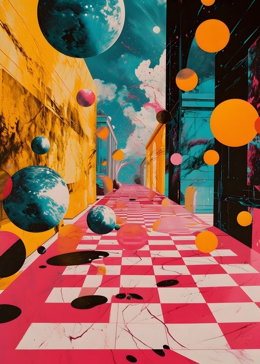 Surreal Cosmic Street with Floating Planets