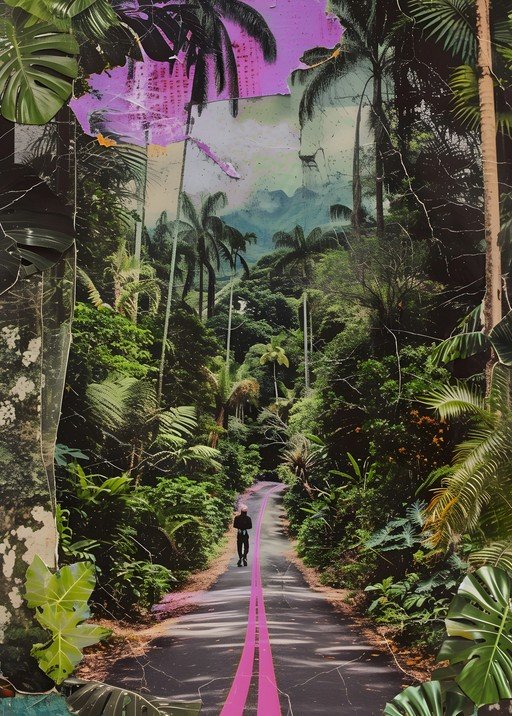 Surreal Jungle Road with Pink Stripes and Lone Figure