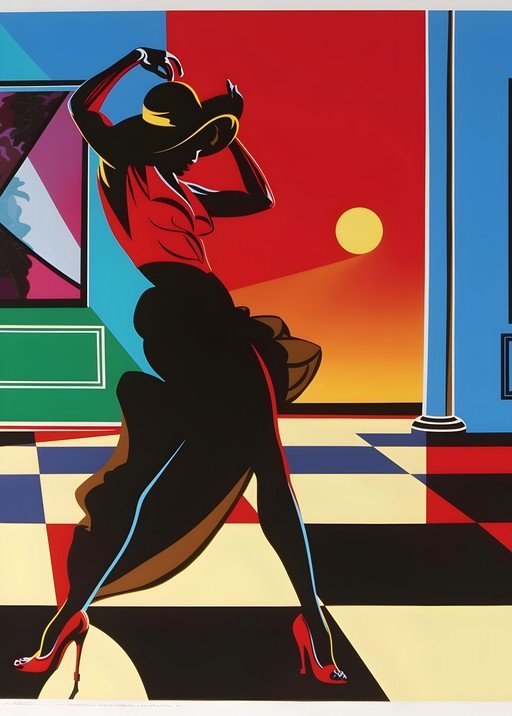 Stylized Woman in Red Dress and Hat Dancing