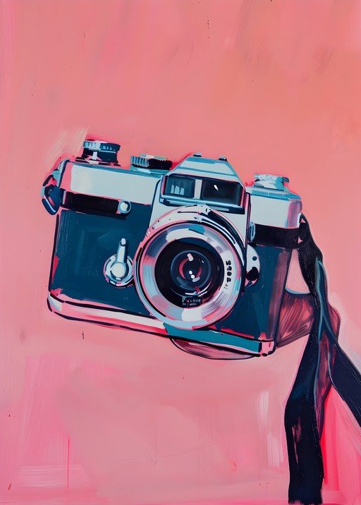 Retro Camera Painting with Pink and Teal Palette