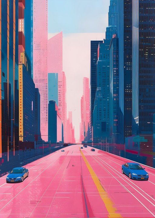 Vibrant Pink and Blue Cityscape with Cars