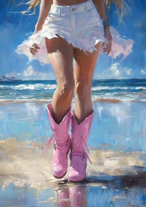 Woman in Pink Boots on a Beach