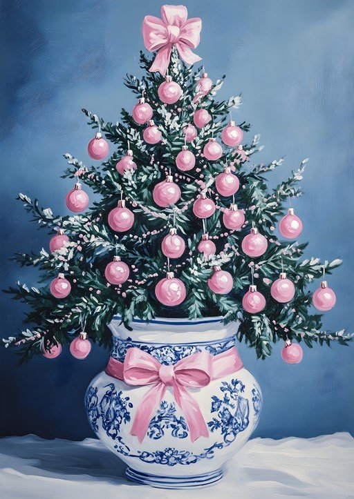Festive Christmas Tree in Blue and Pink