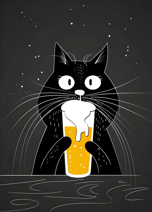 Black Cat Enjoys Frothy Beer in Whimsical Illustration