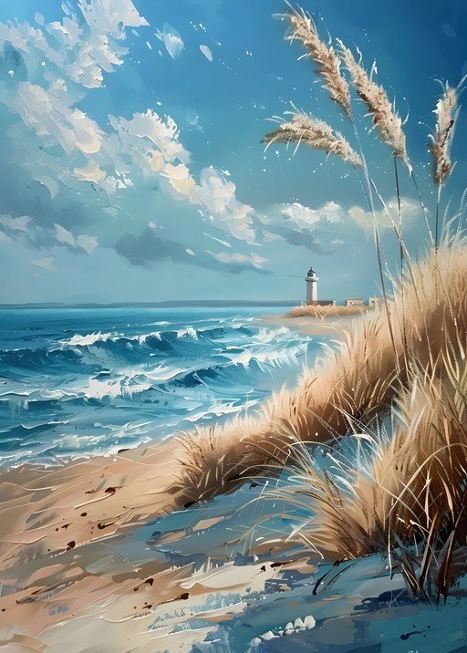 Coastal Lighthouse Scene with Windswept Grasses