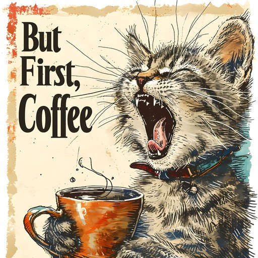 Cat Yawning With Coffee Mug Illustration